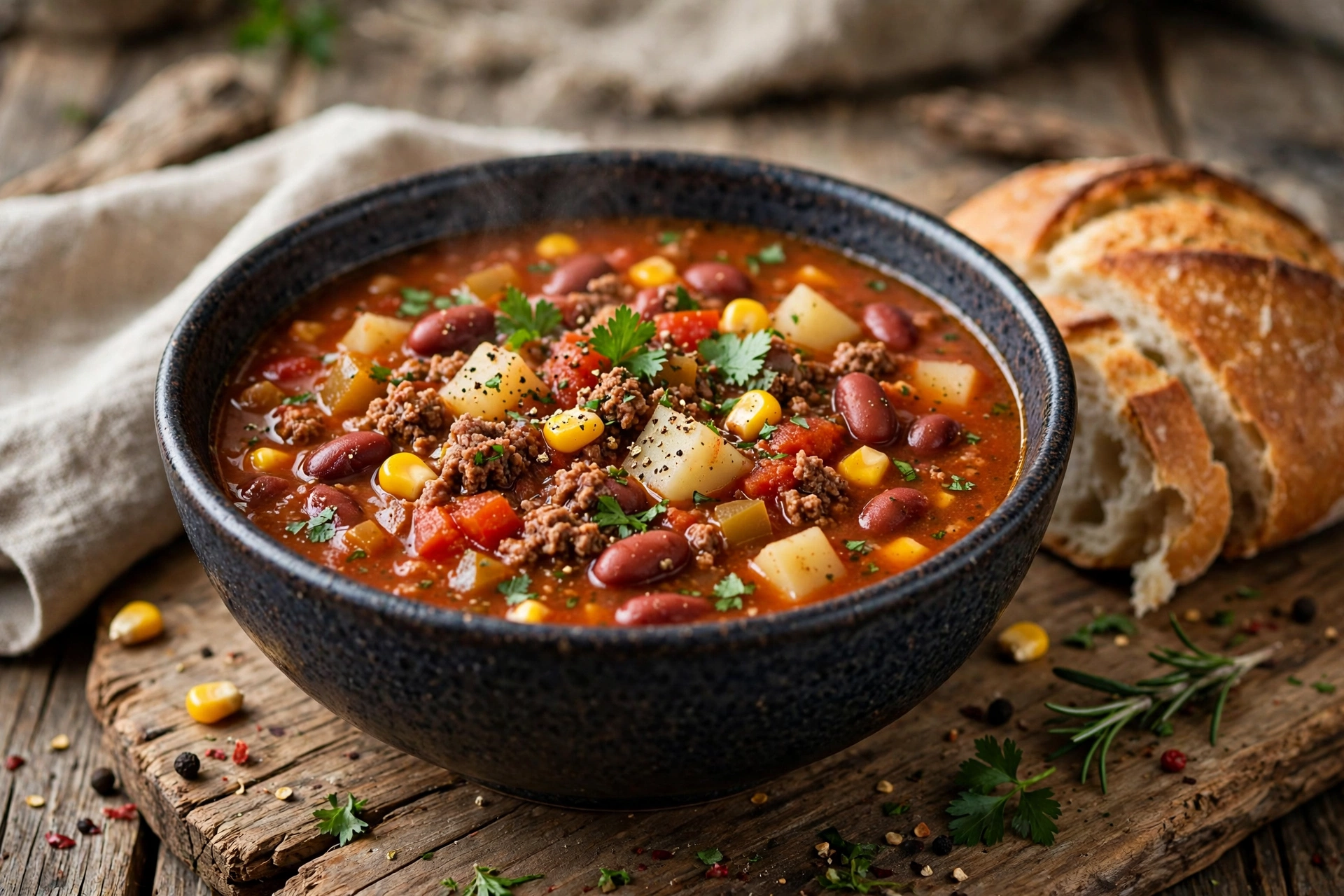 Cowboy Suppe Rezept – Schüssel mit herzhafter Suppe aus Hackfleisch, Bohnen, Mais und Kartoffeln