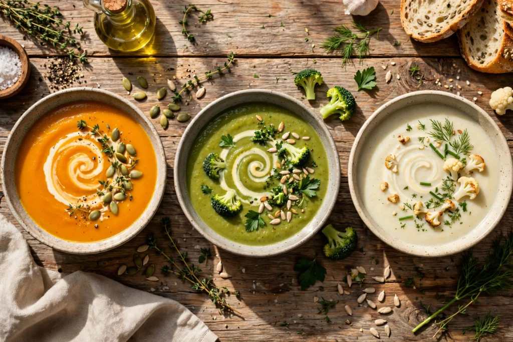 Creme Suppe Rezept – Verschiedene cremige Suppen in Schalen auf einem Holztisch