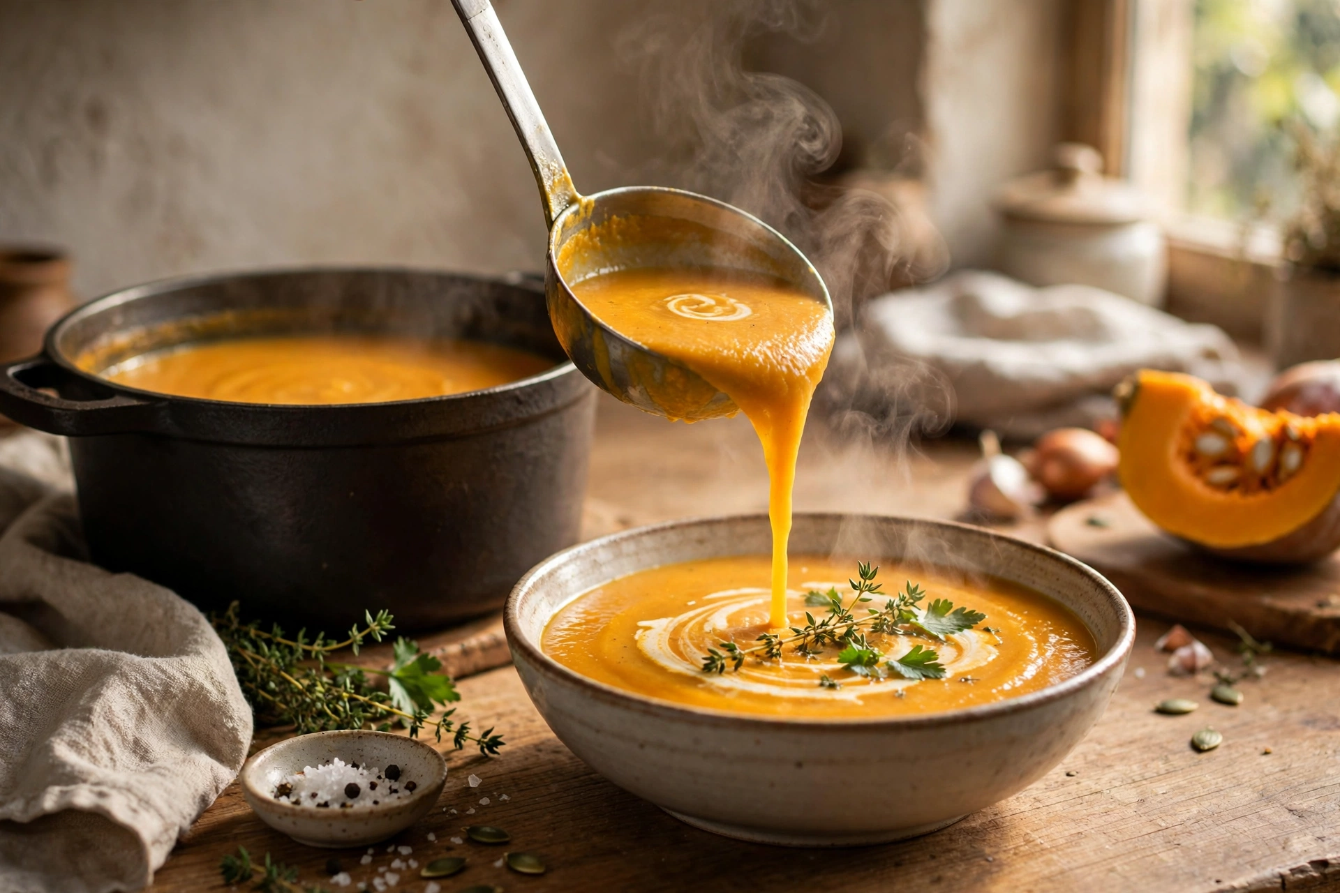 Creme Suppe Rezept – Cremige Kürbissuppe wird aus einem Topf in eine Schale geschöpft