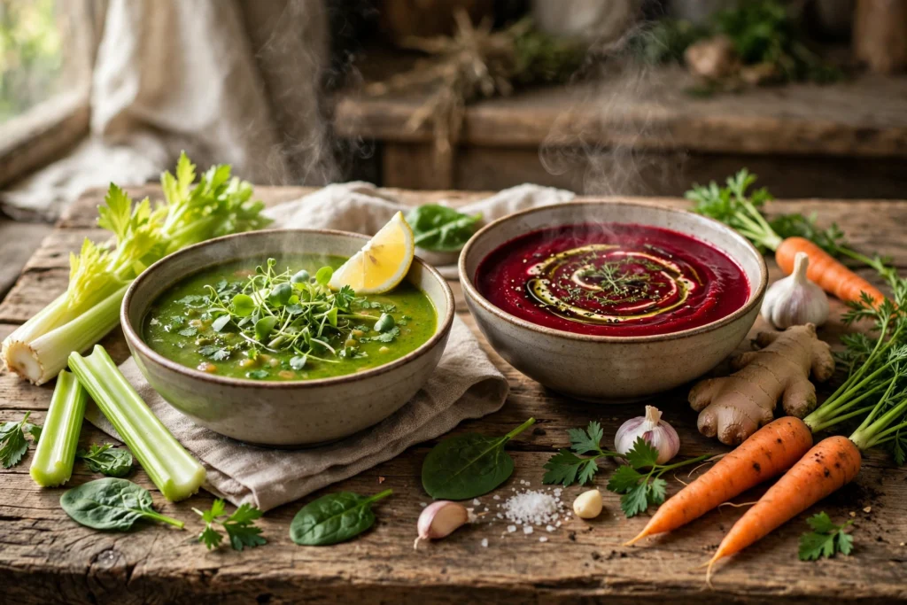 Detox Suppe Rezept – grüne Gemüsesuppe und Rote-Bete-Suppe in Schüsseln