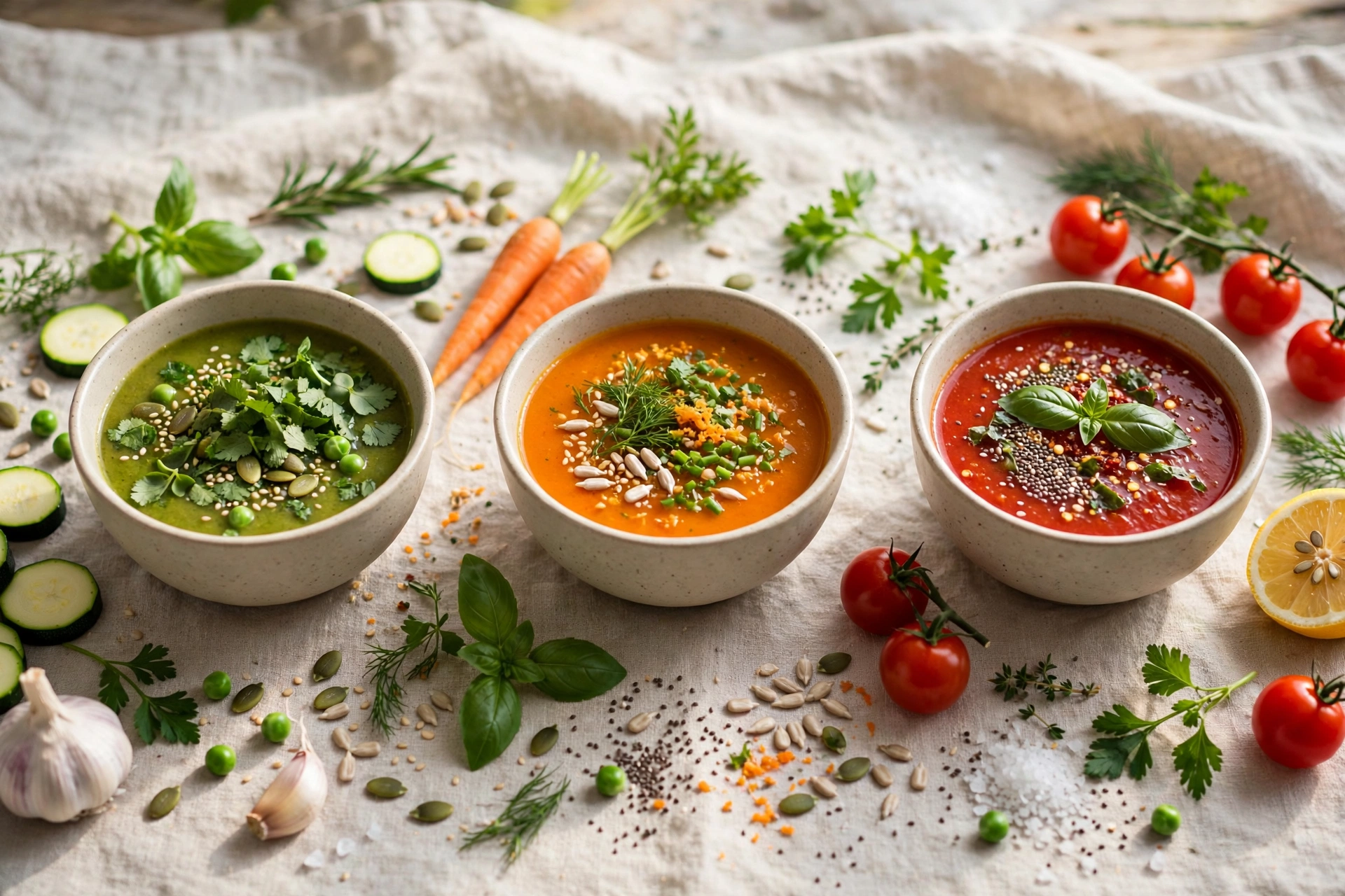 Detox Suppe Rezept – drei leichte Gemüsesuppen in kleinen Schüsseln