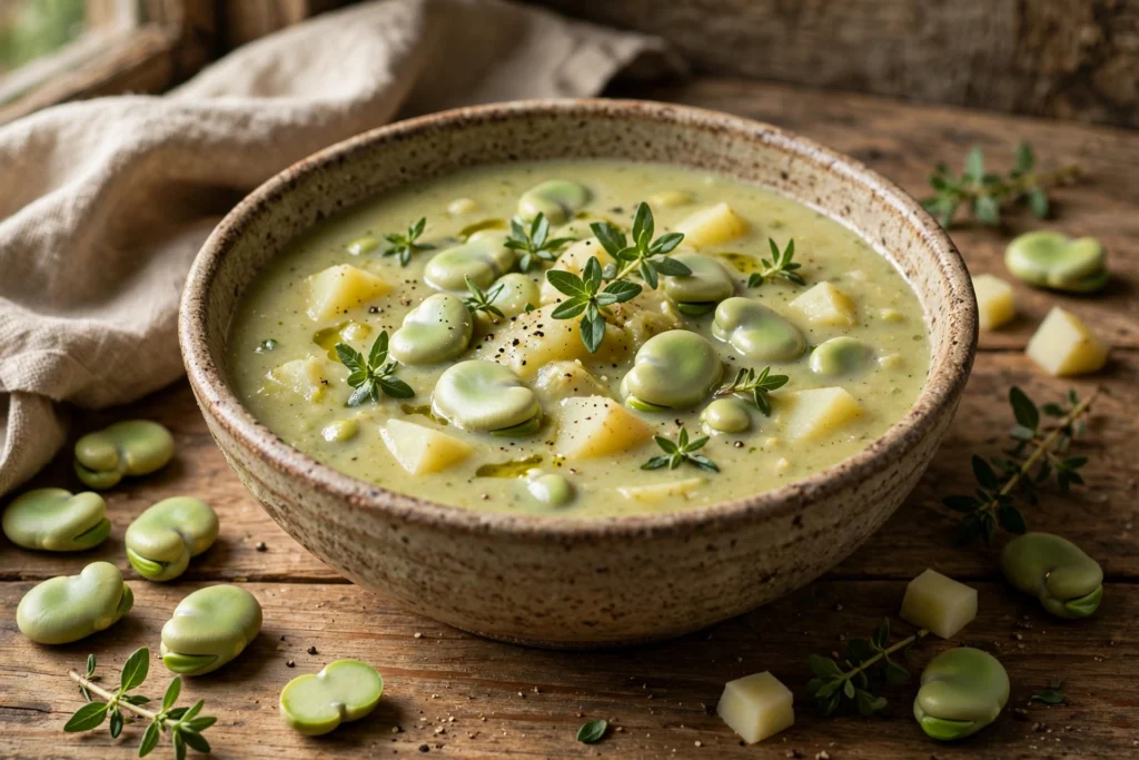 Dicke Bohnen Suppe Rezept – cremige grüne Suppe in einer Schale mit dicken Bohnen und frischem Bohnenkraut