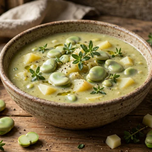 Dicke Bohnen Suppe Rezept – cremige grüne Suppe in einer Schale mit dicken Bohnen und frischem Bohnenkraut