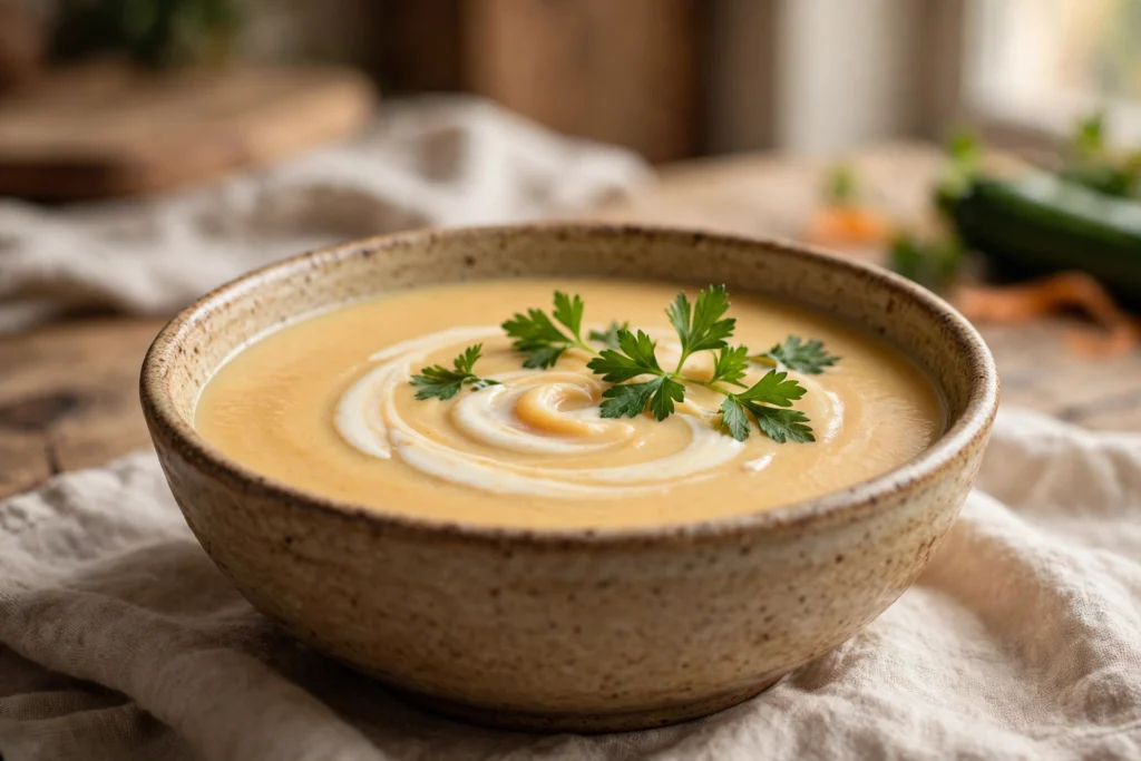 Divertikulitis Suppe Rezept – cremige, pürierte Gemüsesuppe mit Sahnehäubchen und Petersilie in einer Keramikschale
