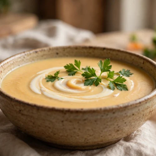 Divertikulitis Suppe Rezept – cremige, pürierte Gemüsesuppe mit Sahnehäubchen und Petersilie in einer Keramikschale
