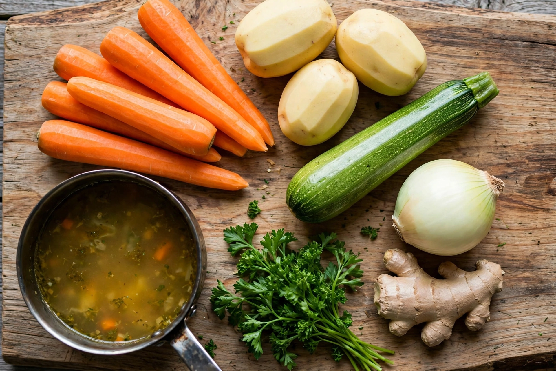 Divertikulitis Suppe Rezept – Zutaten im Überblick: Karotten, Kartoffeln, Zucchini, Zwiebel, Ingwer und Petersilie auf einem Holzbrett