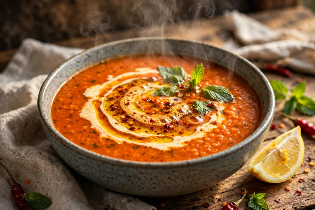 Ezogelin Suppe Rezept – dampfende türkische Linsensuppe mit Chili-Butteröl, Minze und Zitrone