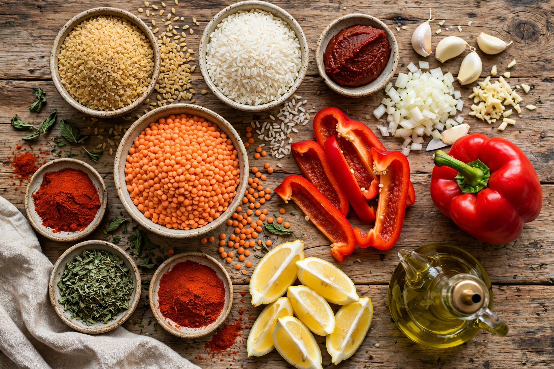 Ezogelin Suppe Rezept – Zutaten im Überblick: rote Linsen, Bulgur, Reis, Tomatenmark, Zwiebel, Paprika und Gewürze
