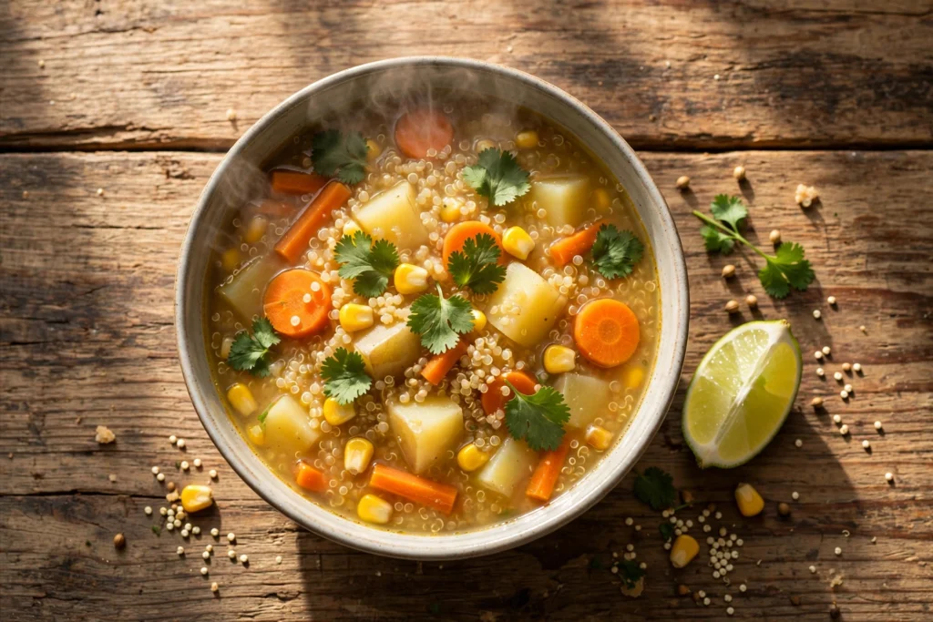Peruanische Quinoa Suppe Rezept – dampfende Schüssel mit Kartoffeln, Karotten und Mais
