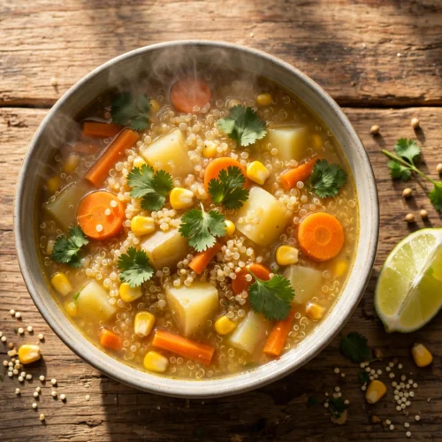 Peruanische Quinoa Suppe Rezept – dampfende Schüssel mit Kartoffeln, Karotten und Mais