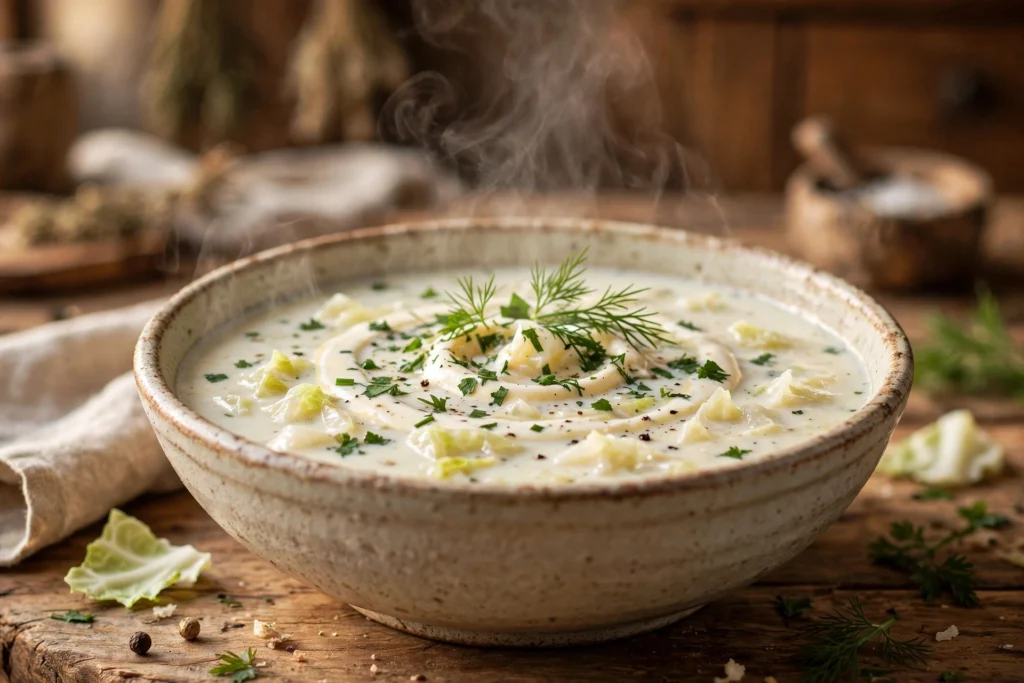 Weißkohl Suppe Rezept – cremige Suppe aus frischem Weißkohl in einer rustikalen Schüssel
