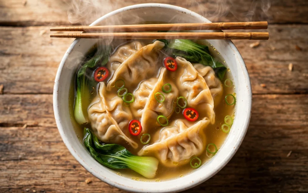 Dumpling Suppe Rezept – dampfende Schale mit asiatischen Teigtaschen, Pak Choi und Frühlingszwiebeln