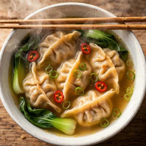 Dumpling Suppe Rezept – dampfende Schale mit asiatischen Teigtaschen, Pak Choi und Frühlingszwiebeln