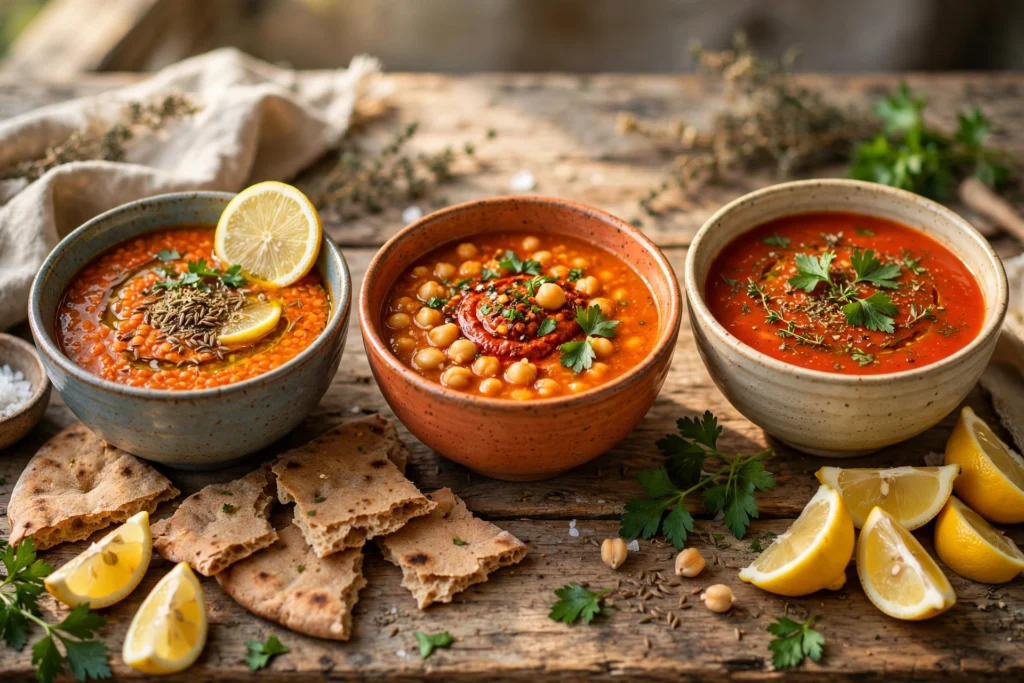 Orientalische Suppe Rezept – bunte orientalische Suppen mit Linsen, Kichererbsen und Fladenbrot auf einem Holztisch