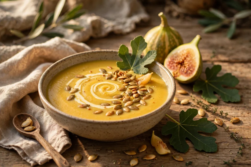 Feigenblattkürbis Rezept Suppe – cremige goldene Suppe in einer Schale mit Sahneswirl und gerösteten Kürbiskernen