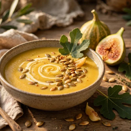 Feigenblattkürbis Rezept Suppe – cremige goldene Suppe in einer Schale mit Sahneswirl und gerösteten Kürbiskernen