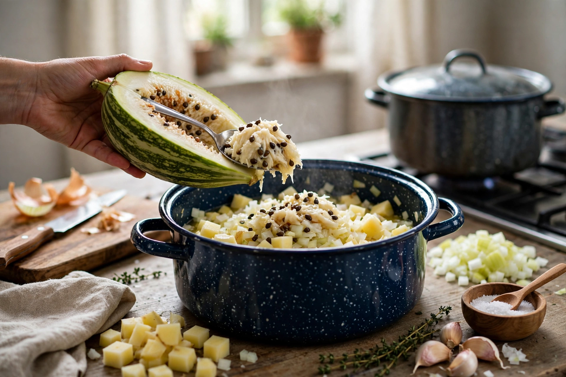 Feigenblattkürbis Rezept Suppe – halbierter Feigenblattkürbis wird für die Suppe vorbereitet