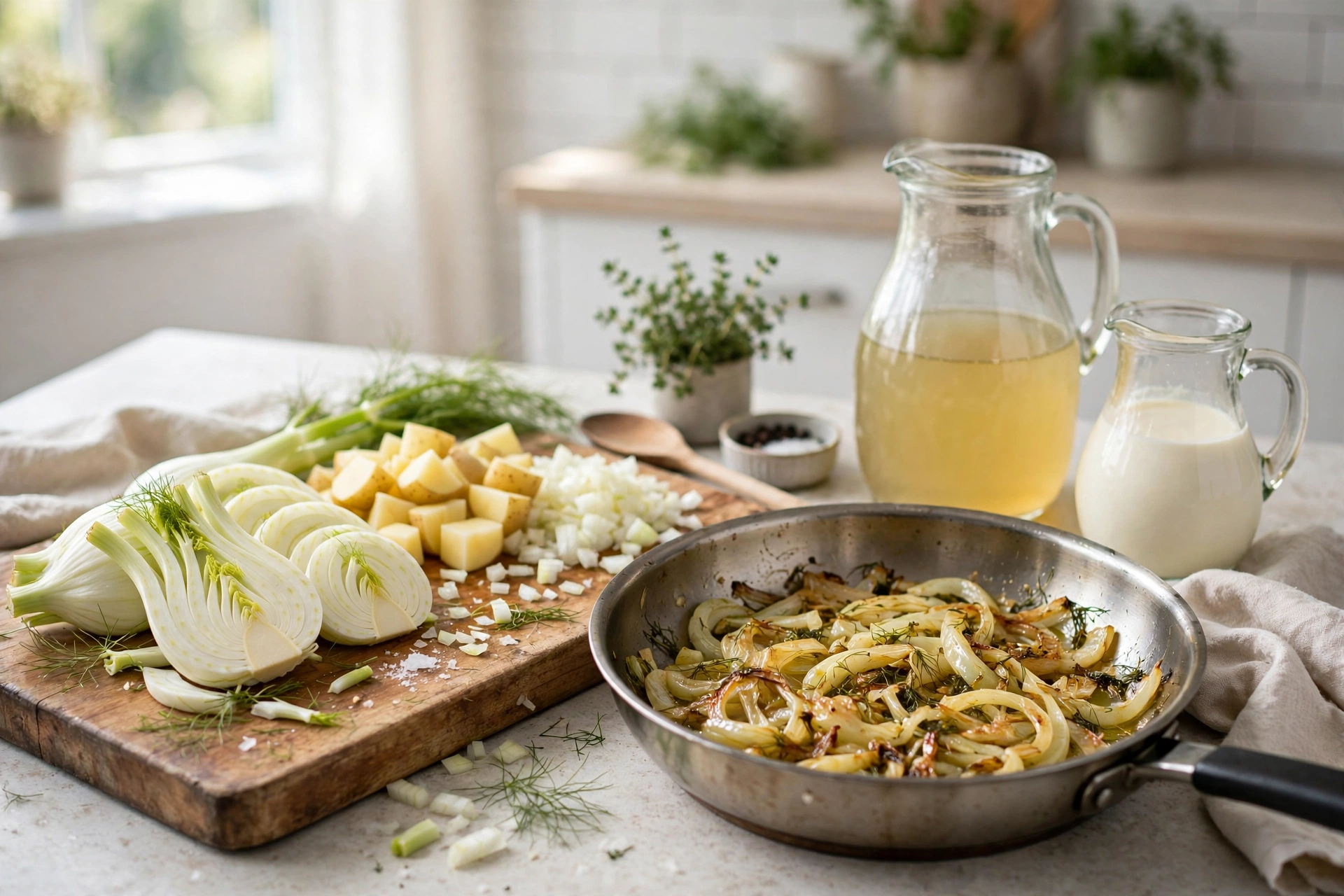 Fenchel Suppe Rezept – Zubereitung: Fenchelknollen, Kartoffeln und Zwiebeln werden geschnitten, Brühe und Sahne stehen bereit
