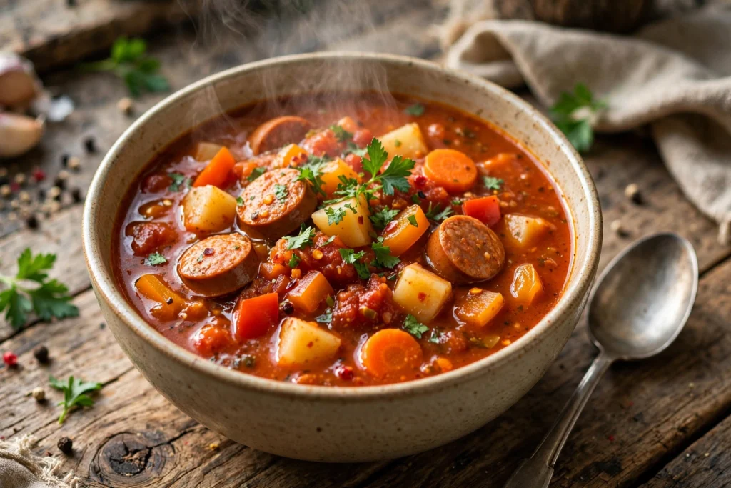 Feuerwehr Suppe Rezept – dampfende, deftige Suppe mit Wurst, Kartoffeln und Paprika in einer Schale