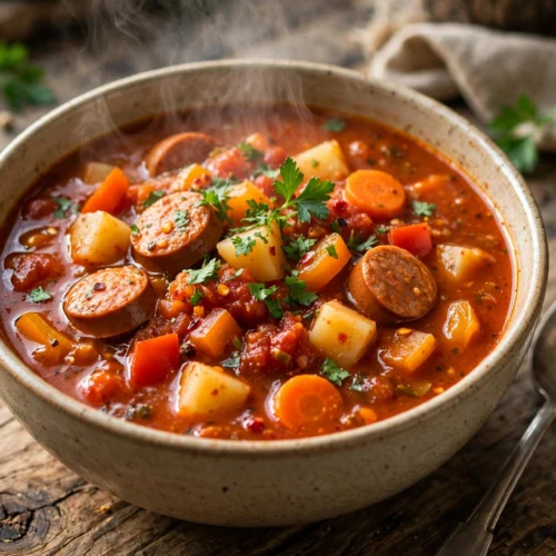 Feuerwehr Suppe Rezept – dampfende, deftige Suppe mit Wurst, Kartoffeln und Paprika in einer Schale