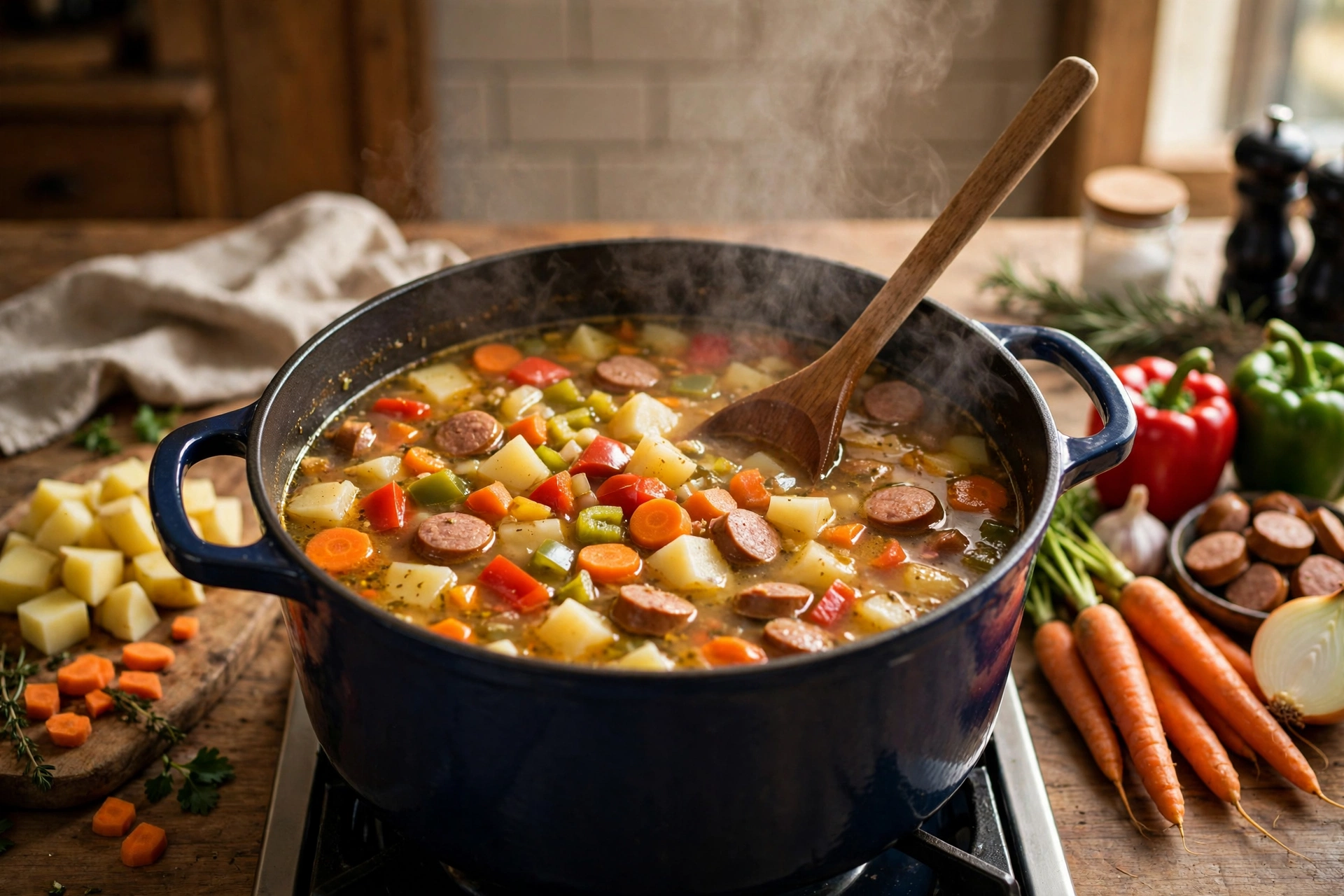 Feuerwehr Suppe Rezept – Kartoffeln, Paprika und Wurststücke werden im Topf für die feurige Suppe angerührt