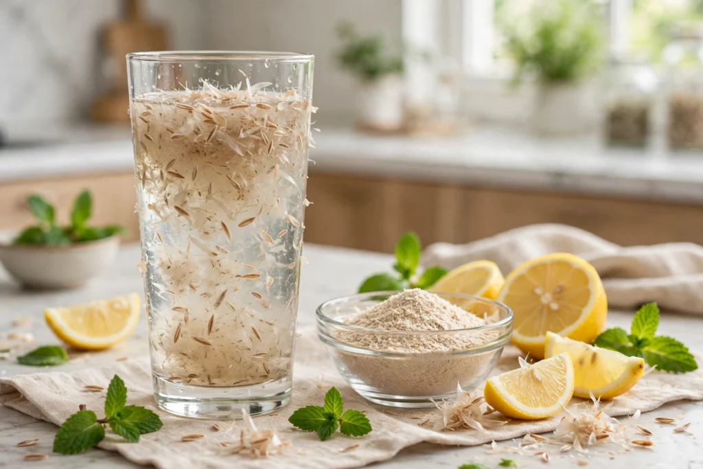 Flohsamenschalen trinken Rezept – Glas Wasser mit Flohsamenschalen, Zitrone und Minze
