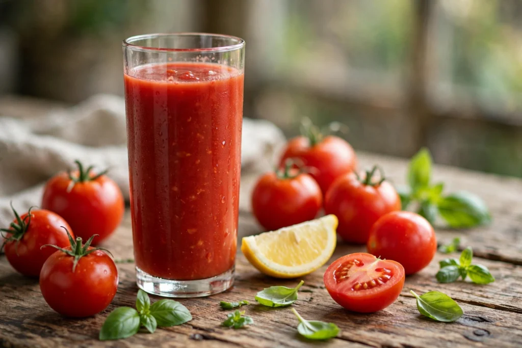 Tomatensaft trinken Rezept – Glas mit frischem Tomatensaft, reifen Tomaten, Zitrone und Basilikum