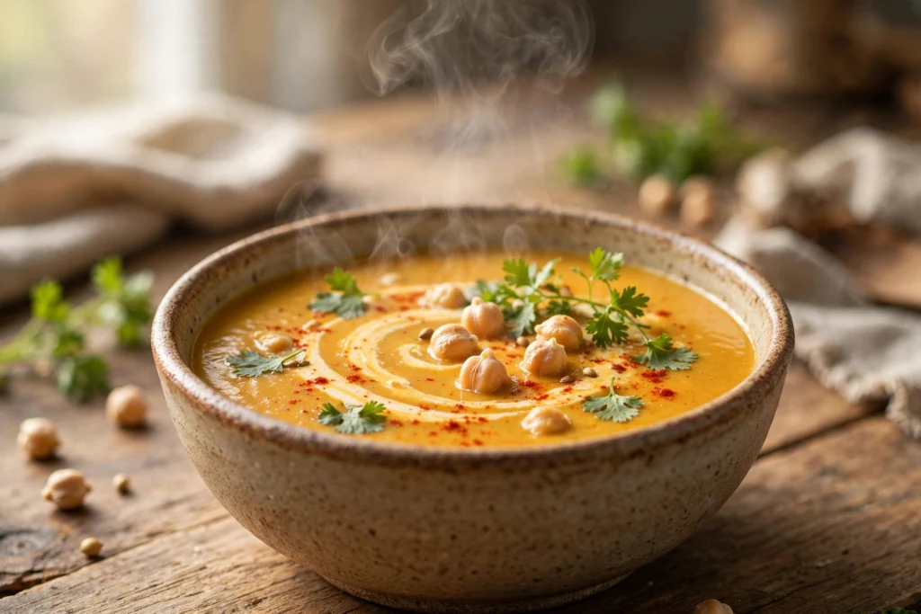 Kichererbsen Suppe Rezept – cremige goldgelbe Suppe in einer Keramikschüssel mit Kichererbsen, Kokosmilch-Swirl, Koriander und Paprikapulver