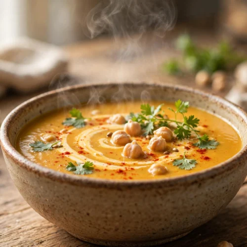 Kichererbsen Suppe Rezept – cremige goldgelbe Suppe in einer Keramikschüssel mit Kichererbsen, Kokosmilch-Swirl, Koriander und Paprikapulver