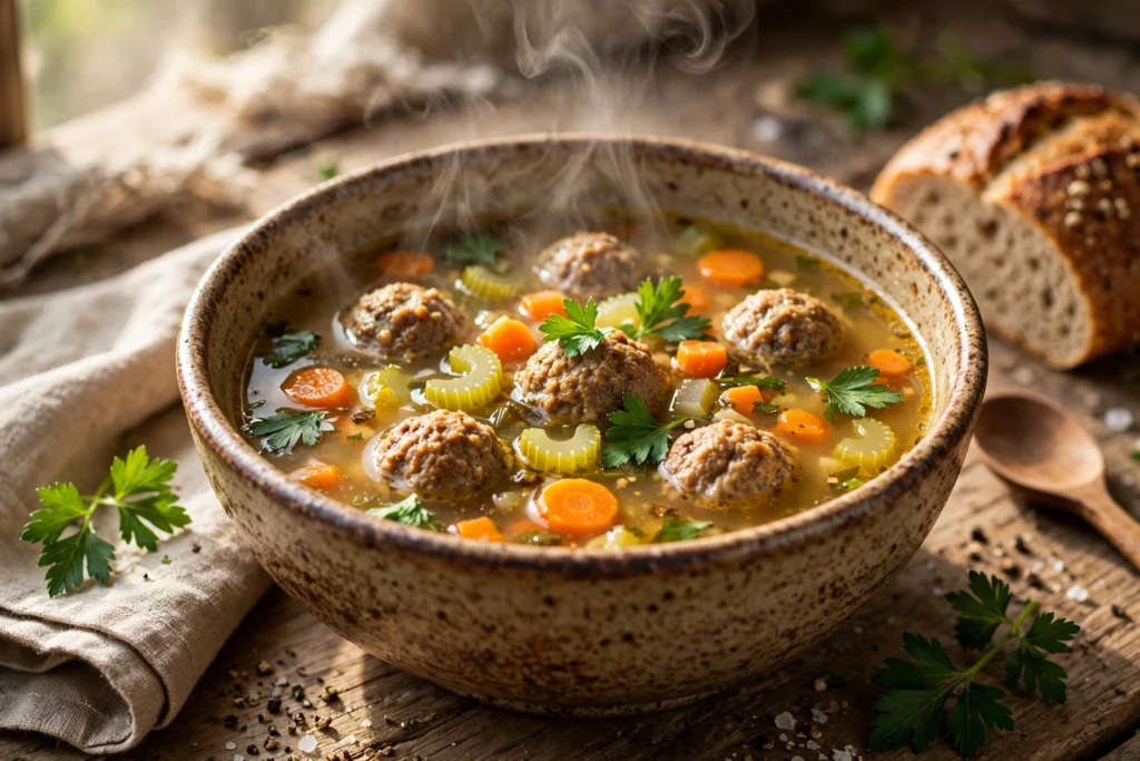 Frikadellen Suppe Rezept – herzhafte Suppe mit kleinen Hackbällchen, Möhren und Petersilie in einer rustikalen Schale