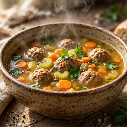 Frikadellen Suppe Rezept – herzhafte Suppe mit kleinen Hackbällchen, Möhren und Petersilie in einer rustikalen Schale