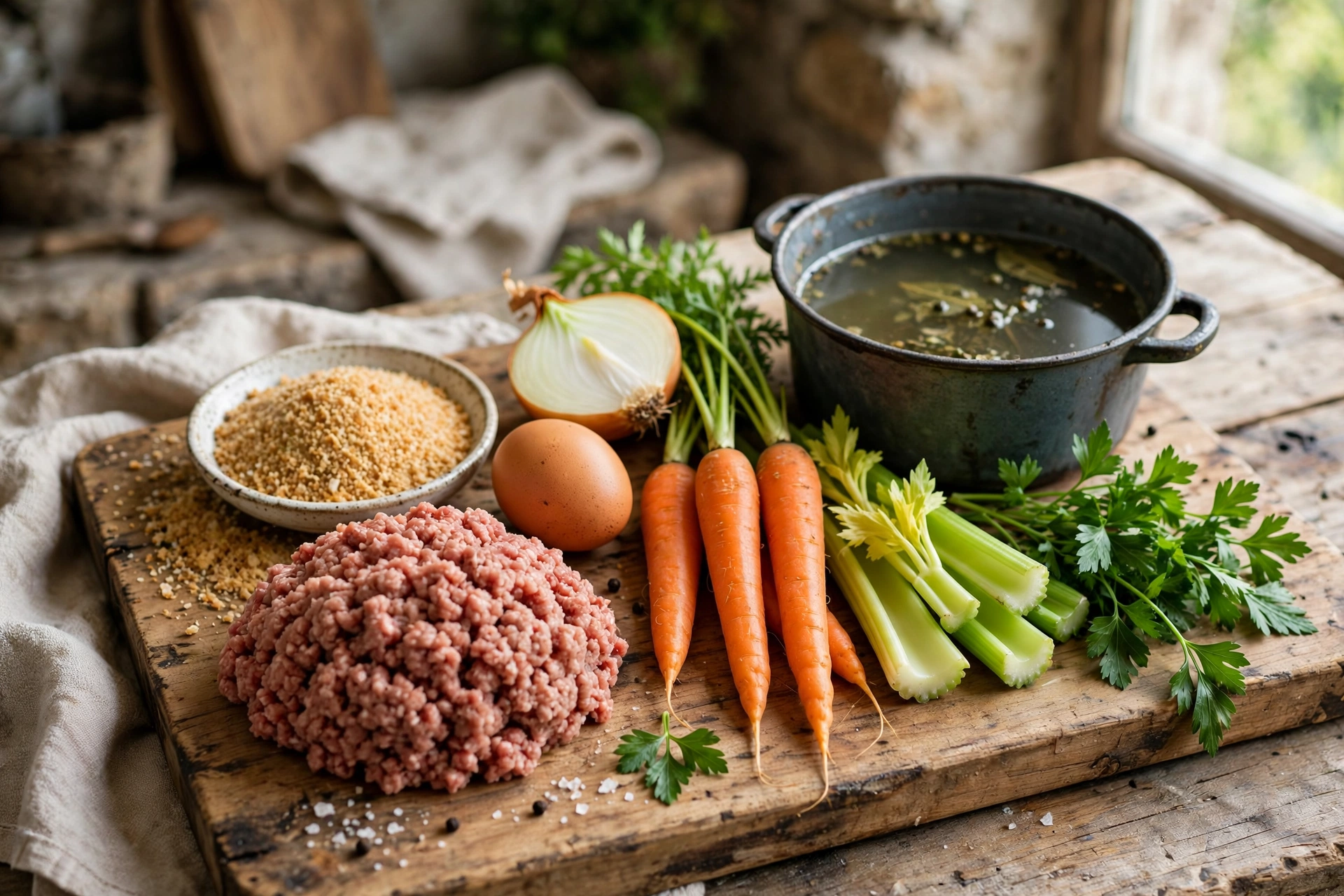 Frikadellen Suppe Rezept – Zutaten im Überblick: Hackfleisch, Semmelbrösel, Ei, Möhren, Sellerie, Lauch und Petersilie auf einem Holzbrett