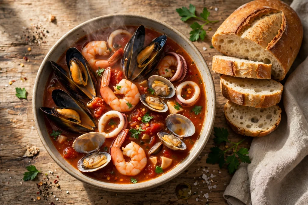 Frutti di Mare Suppe Rezept – dampfende Meeresfrüchtesuppe mit Muscheln, Garnelen und Petersilie in einer Schale
