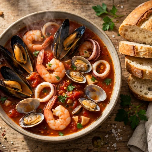 Frutti di Mare Suppe Rezept – dampfende Meeresfrüchtesuppe mit Muscheln, Garnelen und Petersilie in einer Schale