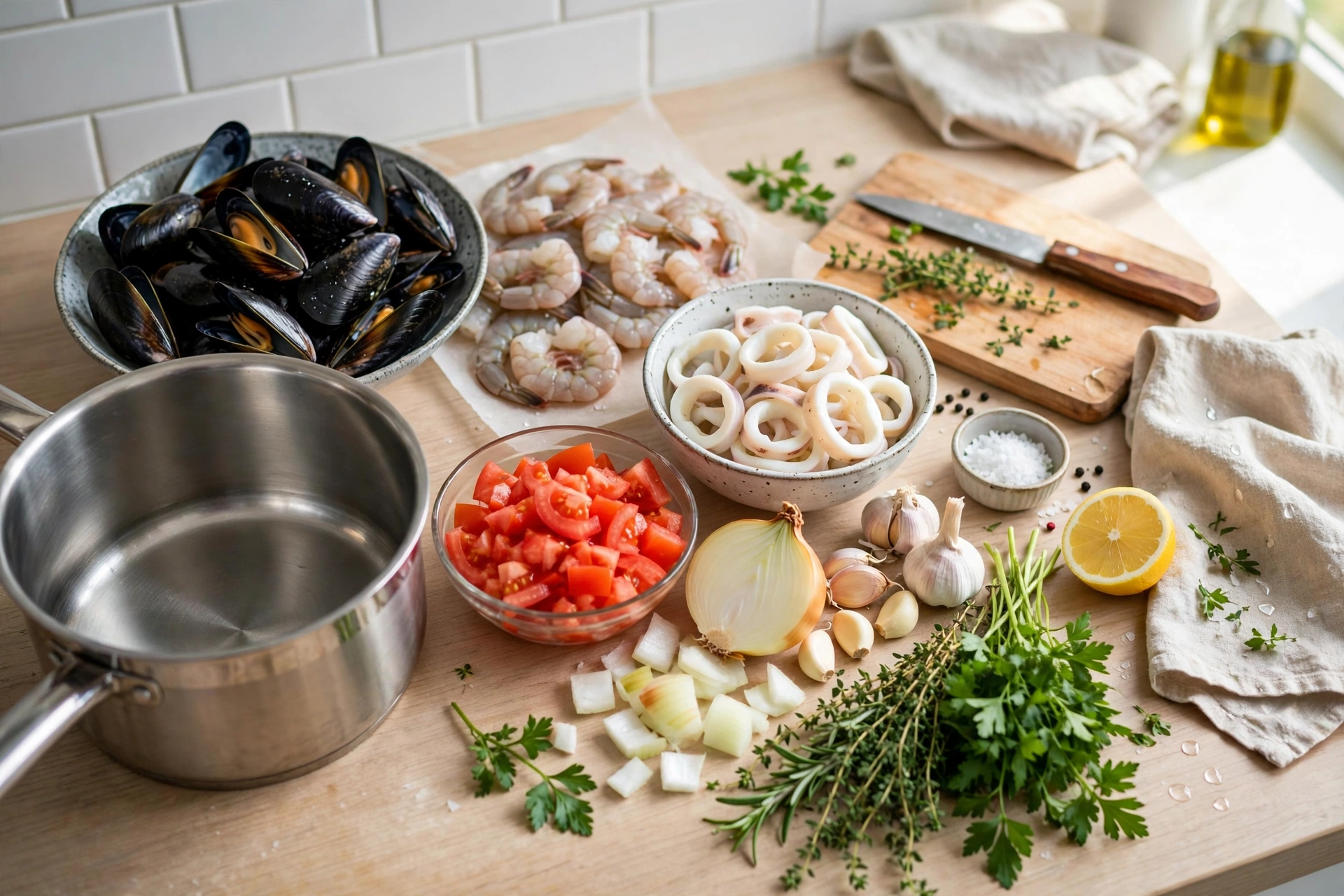 Frutti di Mare Suppe Rezept – frische Meeresfrüchte, Tomaten und Kräuter werden für die Suppe vorbereitet