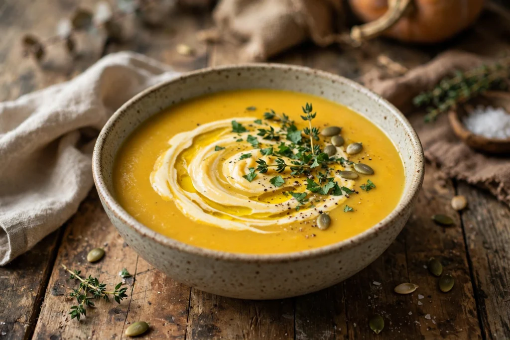 Gelbe Suppe Rezept – cremige Kürbiscremesuppe mit Sahnehäubchen und Kräutern in einer Schüssel