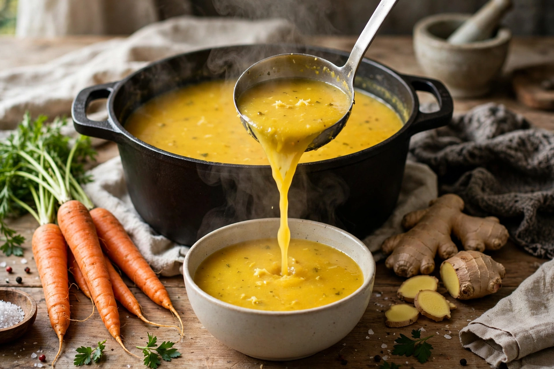 Gelbe Suppe Rezept – goldgelbe Karotten-Ingwer-Suppe wird aus einem Topf in eine Schüssel geschöpft