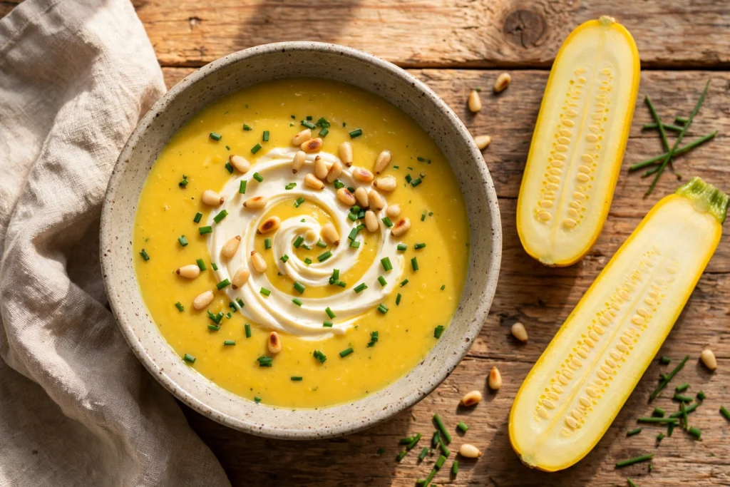 Gelbe Zucchini Suppe Rezept – goldgelbe, cremige Suppe mit Frischkäse-Swirl, Pinienkernen und Schnittlauch