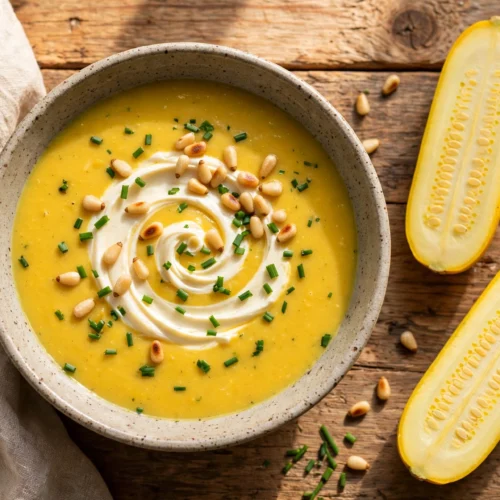 Gelbe Zucchini Suppe Rezept – goldgelbe, cremige Suppe mit Frischkäse-Swirl, Pinienkernen und Schnittlauch