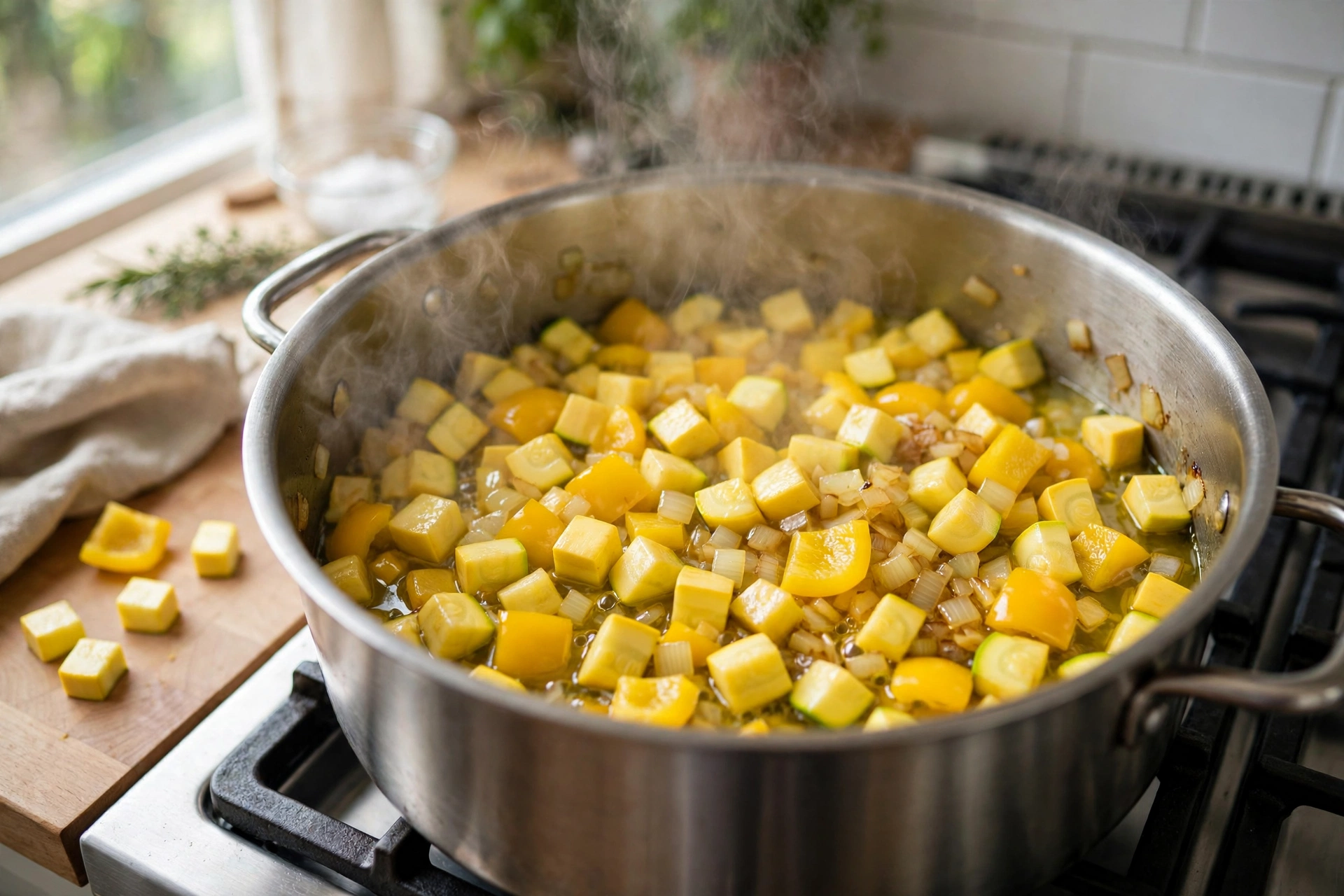 Gelbe Zucchini Suppe Rezept – gewürfelte gelbe Zucchini, Paprika und Zwiebeln werden im Topf angedünstet