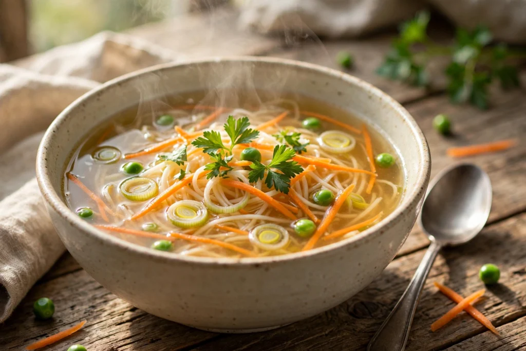 Gemüsebrühe Suppe Rezept – klare Suppe mit Gemüsestreifen und Suppennudeln in einer Schüssel