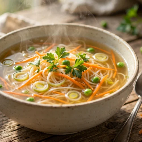 Gemüsebrühe Suppe Rezept – klare Suppe mit Gemüsestreifen und Suppennudeln in einer Schüssel