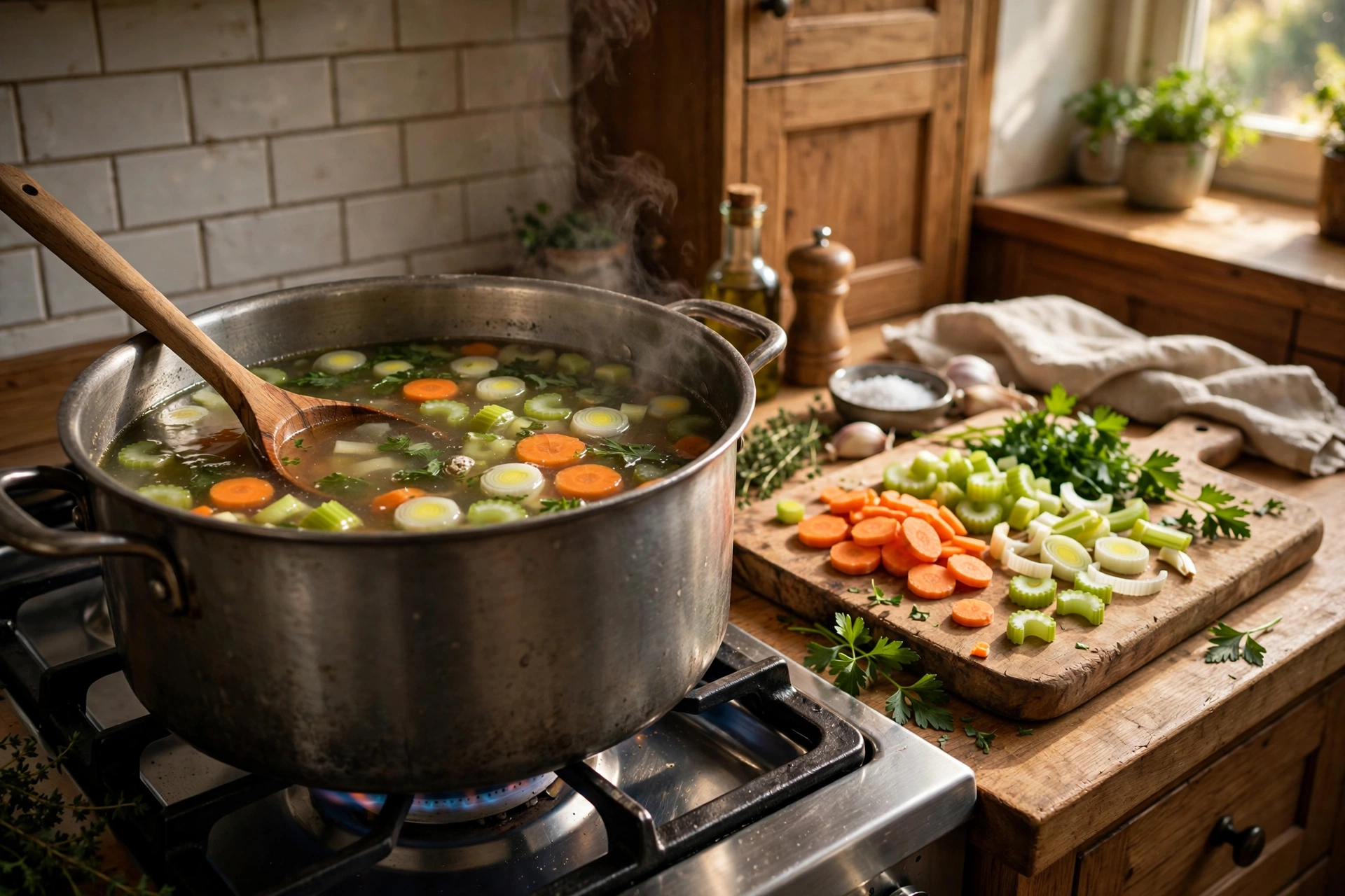 Gemüsebrühe Suppe Rezept – klare Suppe mit Gemüsestreifen im Kochtopf