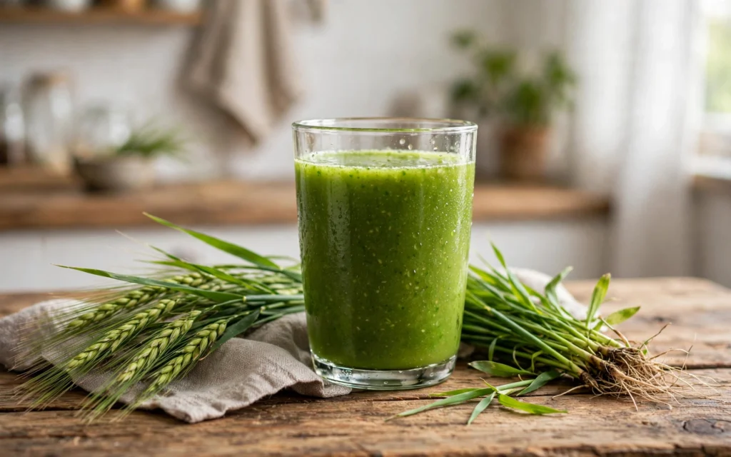Gerstengras trinken Rezept – grüner Power-Drink im Glas mit frischem Gerstengras