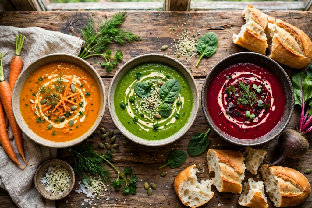 Gesunde Suppe Rezept – Bunte gesunde Suppen in Schüsseln mit Gemüse, Kräutern und Brot auf Holztisch