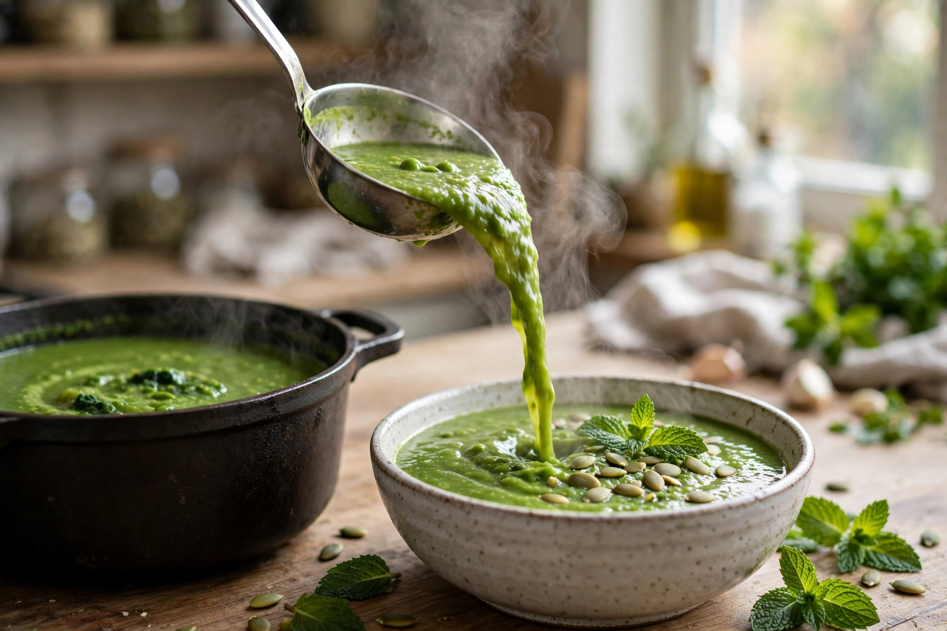 Gesunde Suppe Rezept – Grüne Spinat-Erbsen-Suppe wird aus einem Topf in eine Schüssel geschöpft