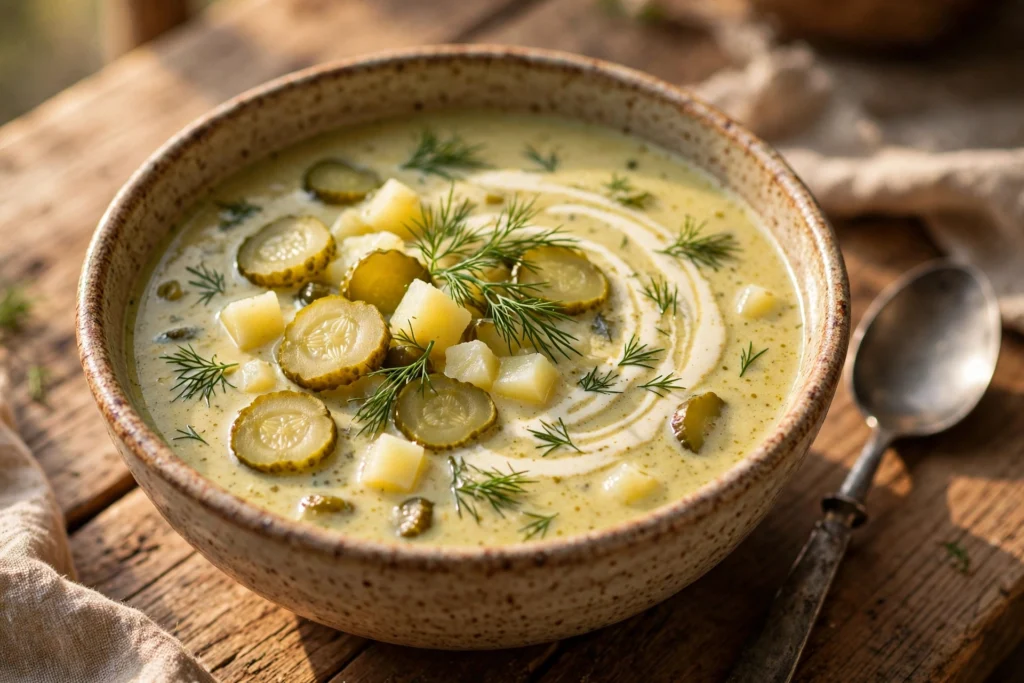 Gewürzgurken Suppe Rezept – cremige Suppe mit Gewürzgurken, Kartoffeln und Dill in einer Schale