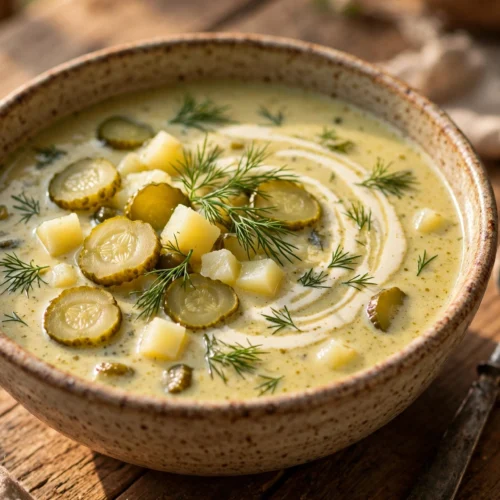 Gewürzgurken Suppe Rezept – cremige Suppe mit Gewürzgurken, Kartoffeln und Dill in einer Schale