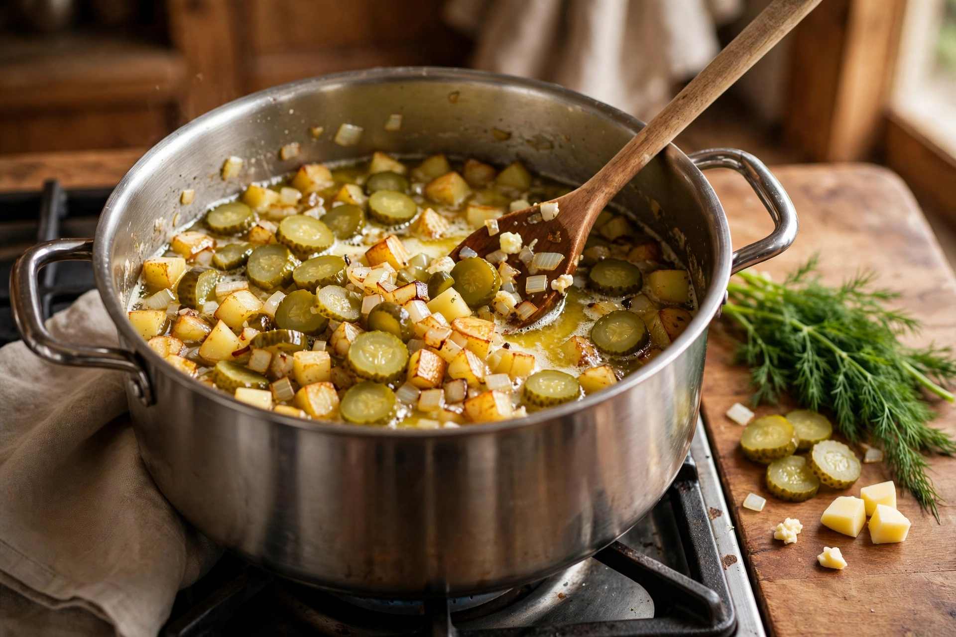 Gewürzgurken Suppe Rezept – Gewürzgurken, Kartoffeln und Zwiebeln werden im Topf angedünstet