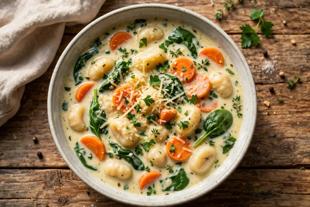 Gnocchi Suppe Rezept – cremige Suppe mit Kartoffelgnocchi, Spinat und Parmesan in einer Schale